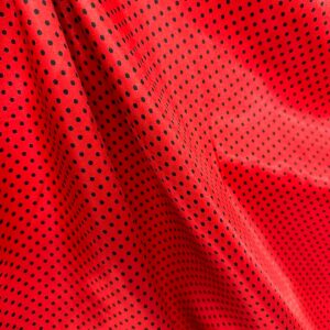 Tecido Cetim Poá Preto com Fundo Vermelho