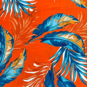 Viscose Estampada Folhas Azuis, Fundo Laranja