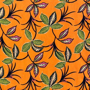 Viscose Estampada Folhas Verdes Fundo Laranja
