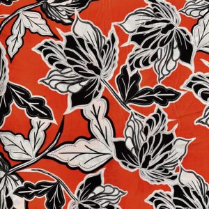 Viscose Estampada Flores Preto e Branco, Fundo Laranja