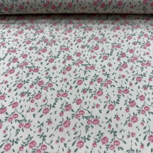 Tricoline Estampada Flores Rosas Fundo Creme