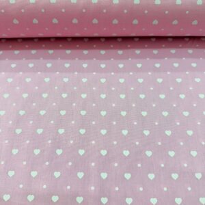 Tricoline Estampada Fundo Rosa - Corações e Poá